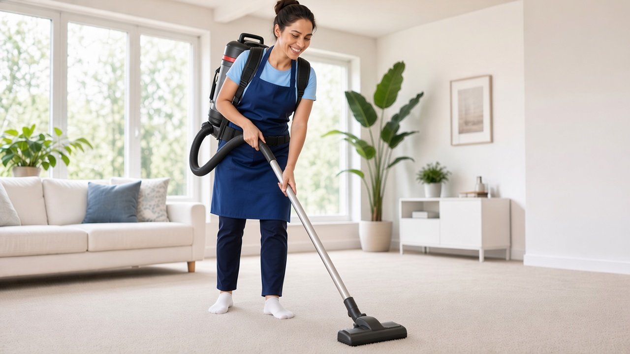 Smiling cleaner in a navy apron vacuuming a carpeted living room with a backpack vacuum