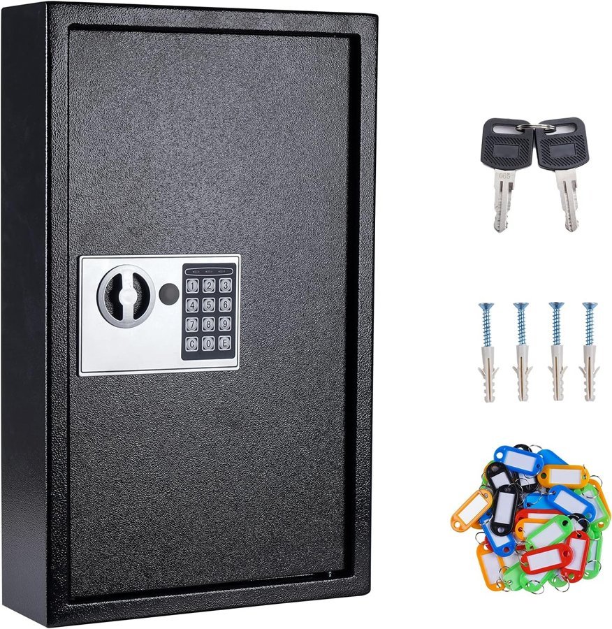 Wall-mounted digital key cabinet: black steel cabinet with an electronic keypad lock, shown with backup keys, wall anchors and colored key tags