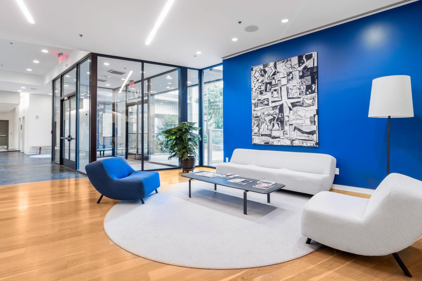 Clean office building lobby with seating